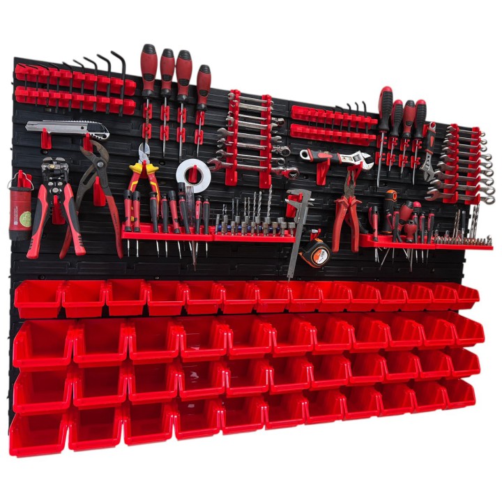 Werkzeugwand-Set mit 47 Stapelboxen, 4 Wandpaneelen und 24 Haltern