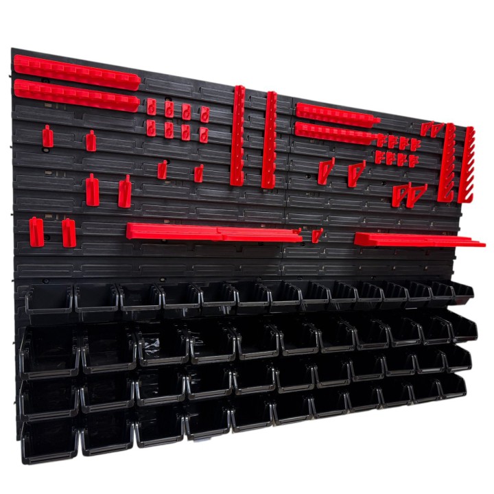 Werkzeugwand-Set mit 47 Stapelboxen, 4 Wandpaneelen und 24 Haltern