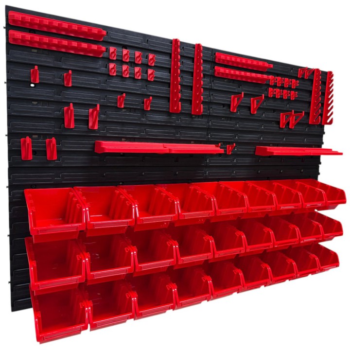 Werkzeugwand-Set mit 27 Stapelboxen, 4 Wandpaneelen und 24 Haltern
