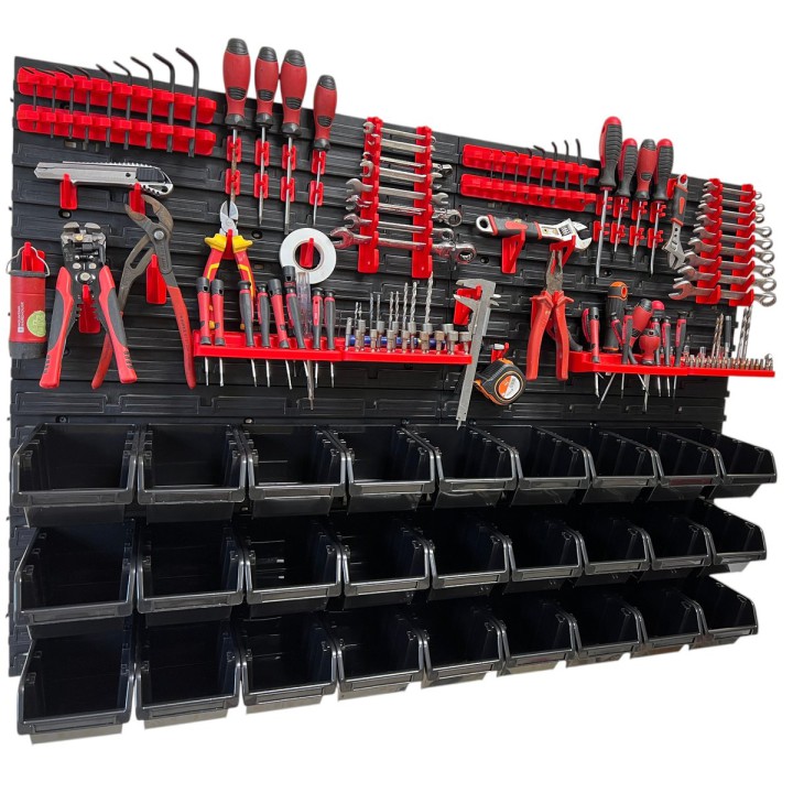 Werkzeugwand-Set mit 27 Stapelboxen, 4 Wandpaneelen und 24 Haltern