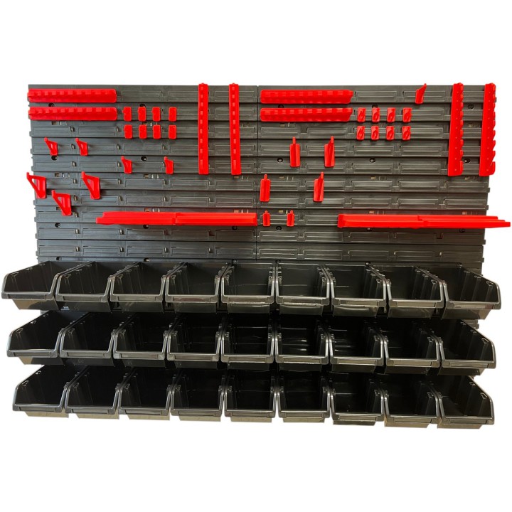 Werkzeugwand-Set mit 27 Stapelboxen, 4 Wandpaneelen und 24 Haltern