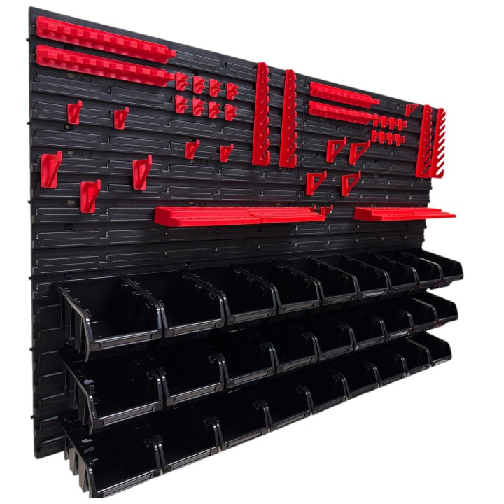 Werkzeugwand-Set mit 27 Stapelboxen, 4 Wandpaneelen und 24 Haltern