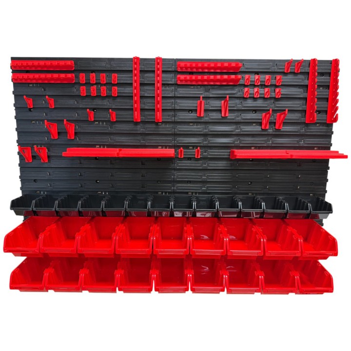 Werkzeugwand-Set mit 32 Stapelboxen, 4 Wandpaneelen und 24 Haltern