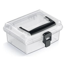 Aufbewahrungskoffer transparent mit Griff, flach – 148 × 135 × 70 mm
