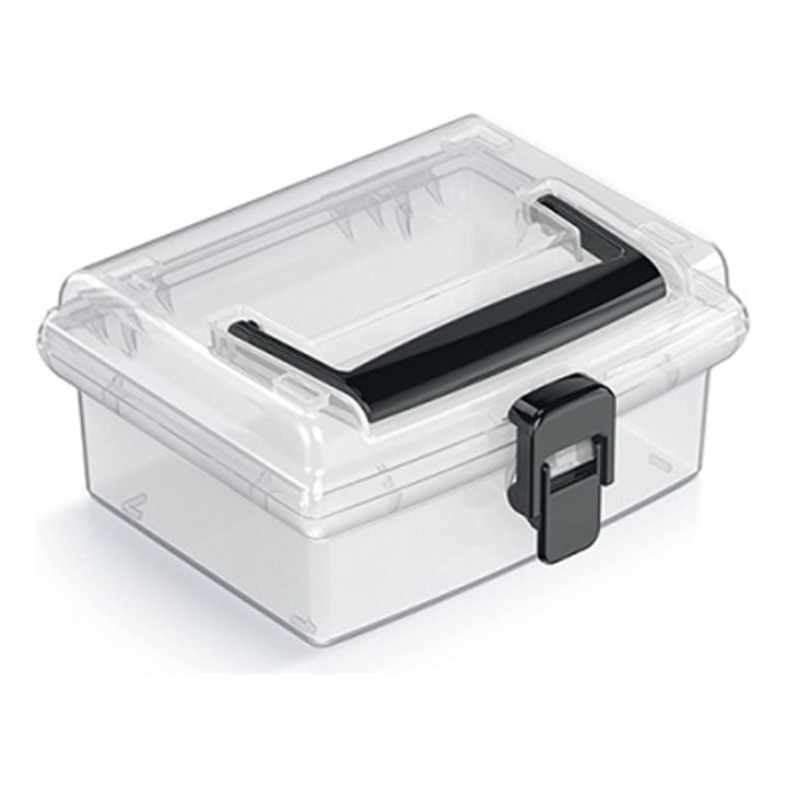 Aufbewahrungskoffer transparent mit Griff, flach – 148 × 135 × 70 mm