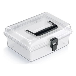 Aufbewahrungskoffer transparent mit Griff, flach – 194 × 174 × 85 mm