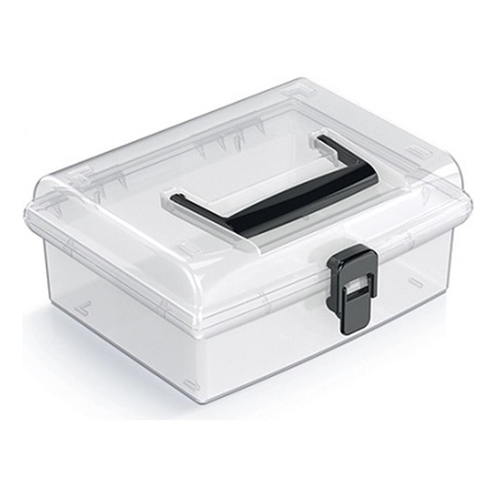 Aufbewahrungskoffer transparent mit Griff, flach – 194 × 174 × 85 mm