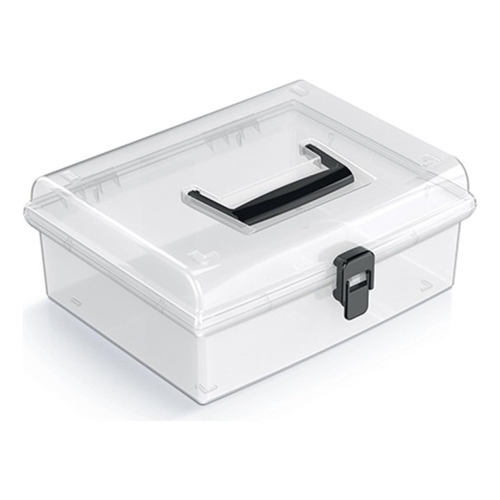 Aufbewahrungskoffer transparent mit Griff, flach – 245 × 214 × 100 mm