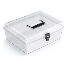 Aufbewahrungskoffer transparent mit Griff, flach – 292 × 250 × 116 mm