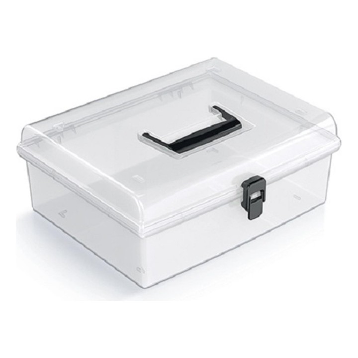 Aufbewahrungskoffer transparent mit Griff, flach – 292 × 250 × 116 mm