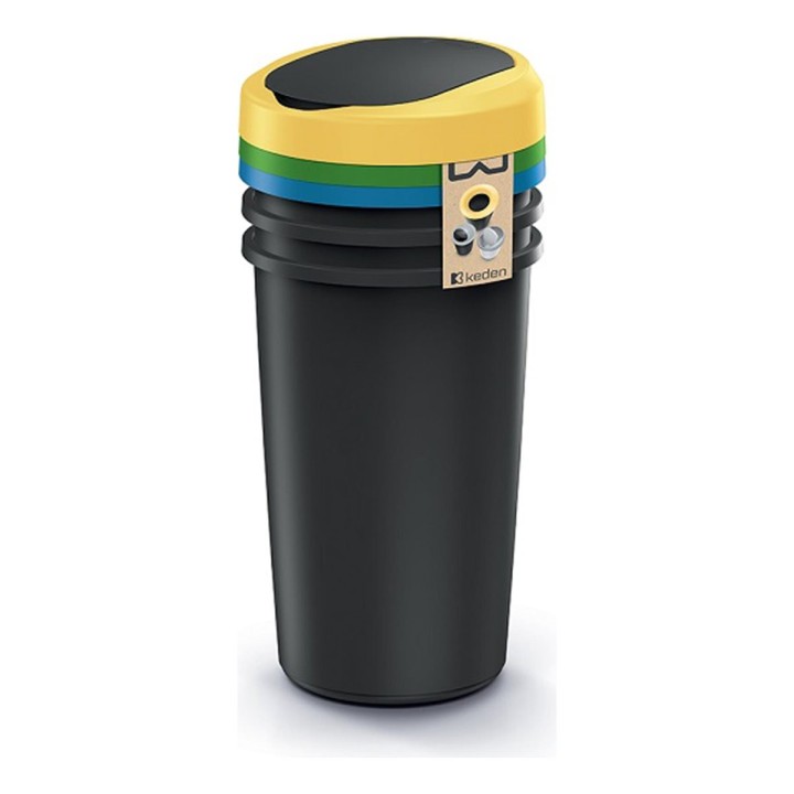 Mülltrenn-Set rund mit Schwingdeckeln 3 × 25 L, schwarz – 318 × 318 × 685 mm