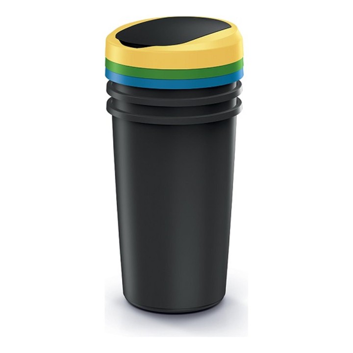 Mülltrenn-Set rund mit Schwingdeckeln 3 × 50 L, schwarz – 394 × 394 × 834 mm