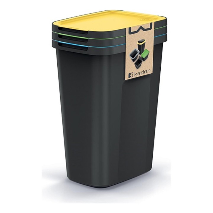 Mülltrenn-Set mit farbigen Deckeln 3 × 35 L, schwarz – 380 × 285 × 574 mm