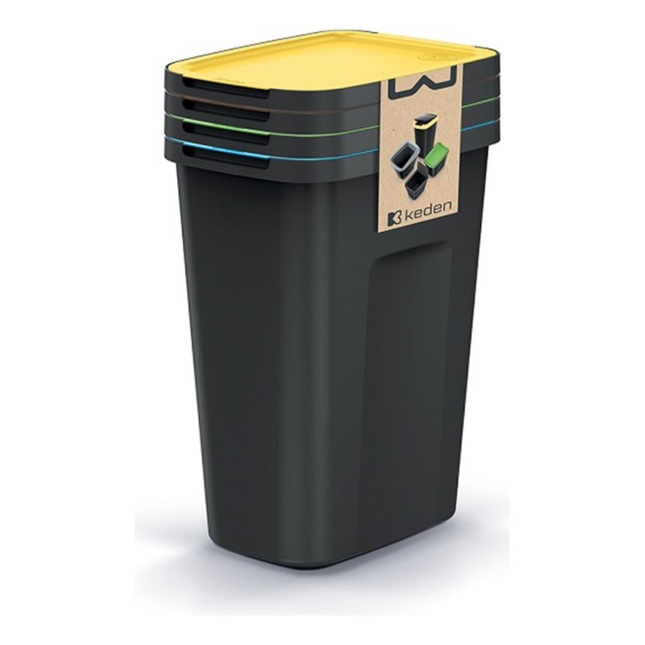 Mülltrenn-Set mit farbigen Deckeln 4 × 35 L, schwarz – 380 × 285 × 608 mm