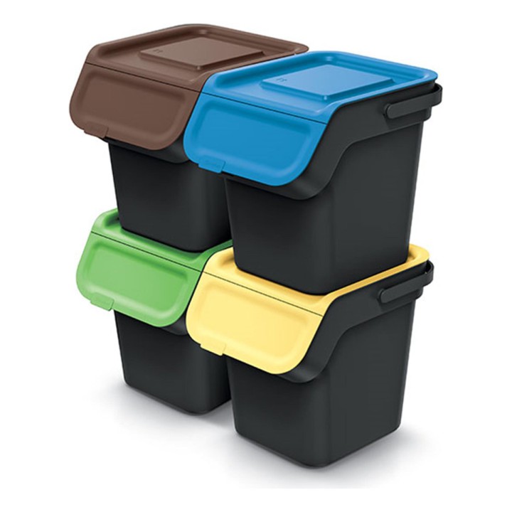 Stapelbare Mülltrennboxen mit Klappe 4 × 20 L, schwarz – 380 × 285 × 525 mm