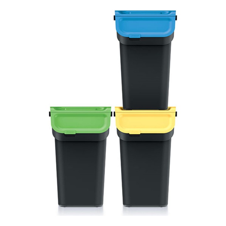 Stapelbare Mülltrennboxen mit Klappe 3 × 25 L, schwarz – 380 × 285 × 575 mm