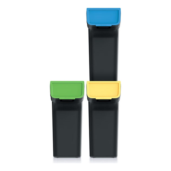Stapelbare Mülltrennboxen mit Frontklappe 3 × 25 L, schwarz – 385 × 236 × 675 mm