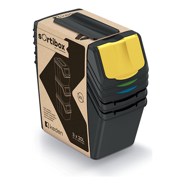 Stapelbare Mülltrennboxen aus Recycling-Kunststoff 3 × 20 L, schwarz – 395 × 232 × 450 mm