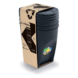 Stapelbare Mülltrennboxen aus Recycling-Kunststoff 3 × 35 L, schwarz – 392 × 293 × 620 mm