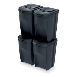Stapelbare Mülltrennboxen aus Recycling-Kunststoff 4 × 35 L, schwarz – 392 × 293 × 680 mm