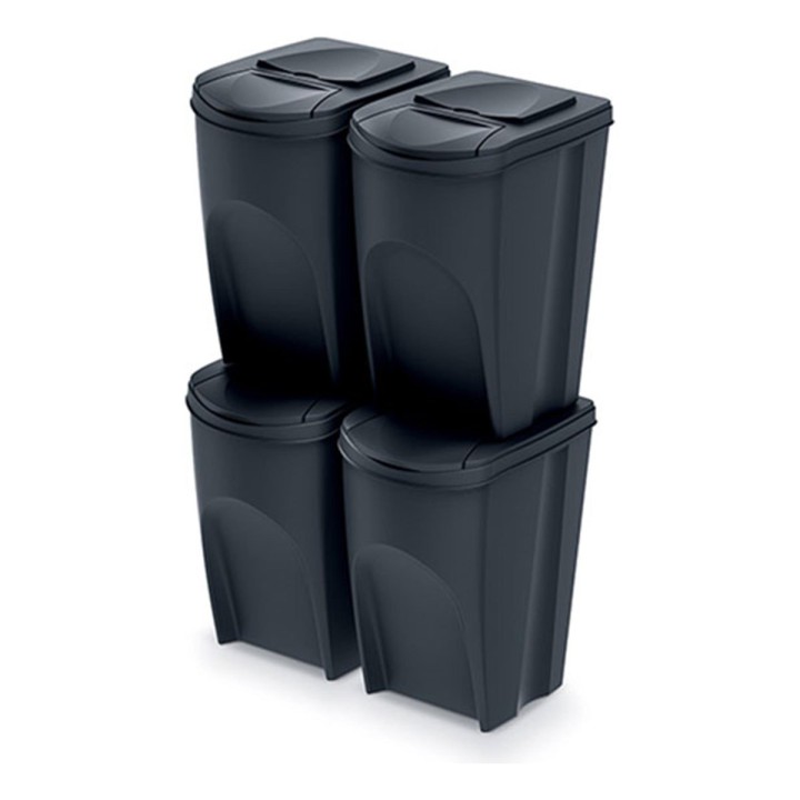 Stapelbare Mülltrennboxen aus Recycling-Kunststoff 4 × 35 L, schwarz – 392 × 293 × 680 mm