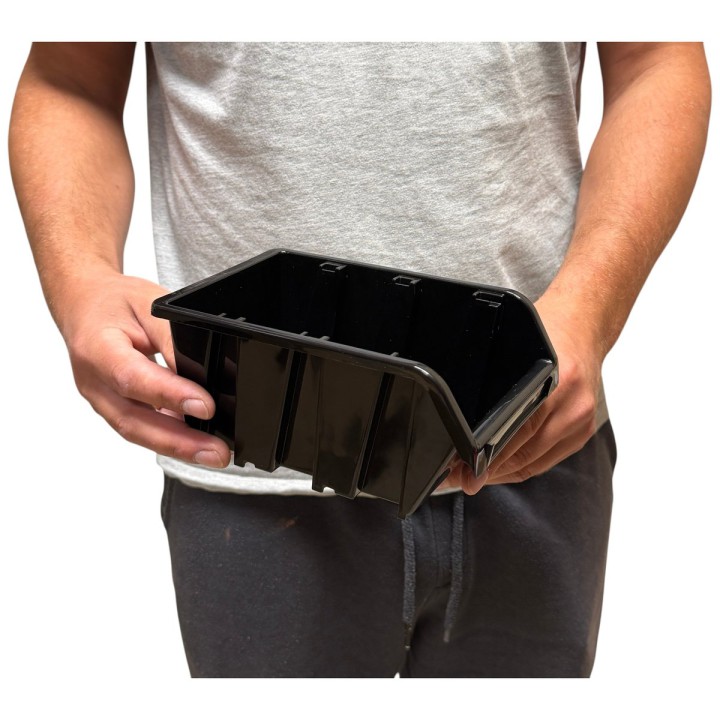 Stapelboxen 195 × 120 × 90 mm – Sichtlagerkästen für Werkstatt & Lager – Größenvergleich (Schwarz)