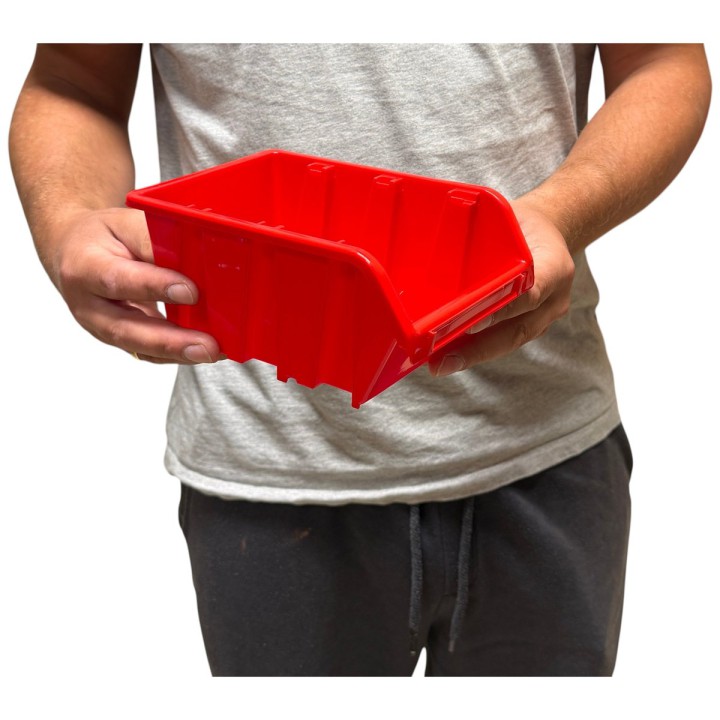 Stapelboxen 195 × 120 × 90 mm – Sichtlagerkästen für Werkstatt & Lager – Größenvergleich (Rot)