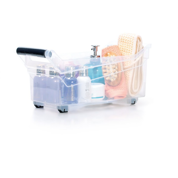 Aufbewahrungsbox transparent 10 L mit Rollen und Griff, flach – 380 × 177 × 180 mm