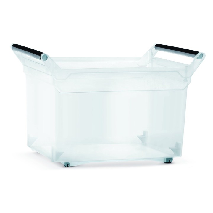 Aufbewahrungsbox transparent 49 L mit Rollen und Griff, hoch – 578 × 379 × 379 mm