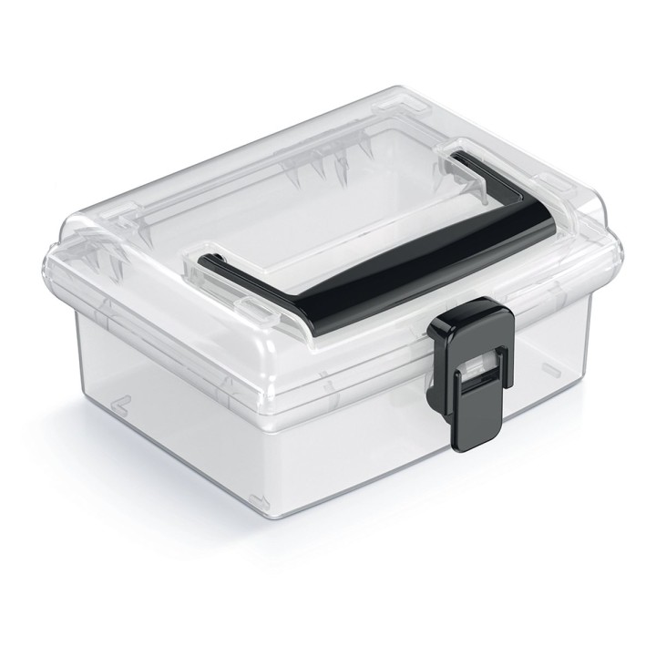Aufbewahrungskoffer transparent mit Griff, flach – 148 × 135 × 70 mm