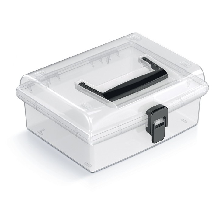 Aufbewahrungskoffer transparent mit Griff, flach – 194 × 174 × 85 mm