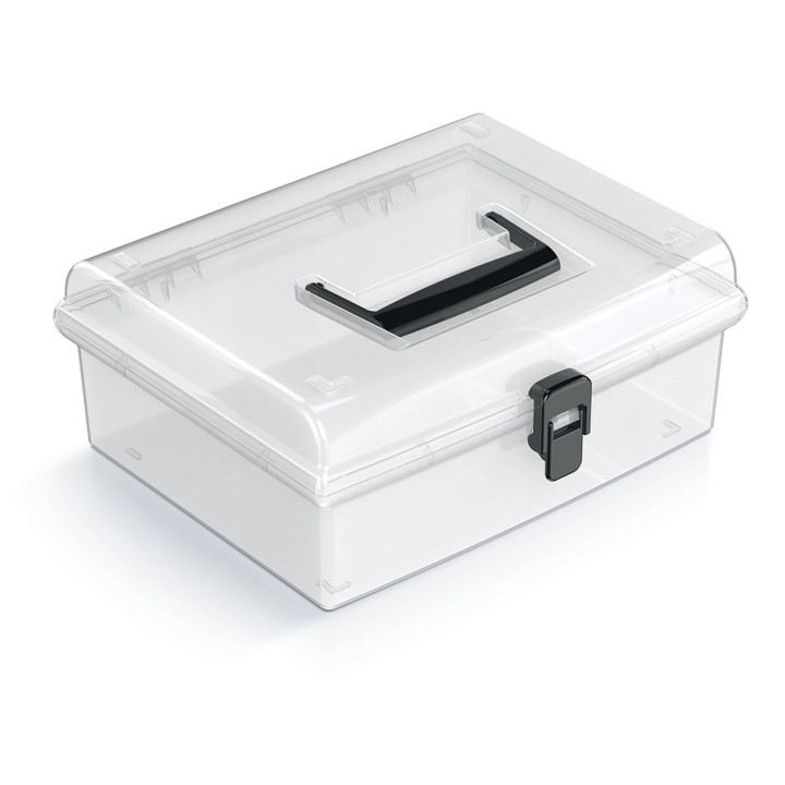 Aufbewahrungskoffer transparent mit Griff, flach – 245 × 214 × 100 mm