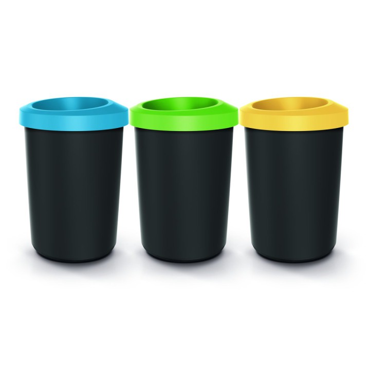 Mülltrenn-Set rund 3 × 35 L, schwarz – 394 × 394 × 680 mm