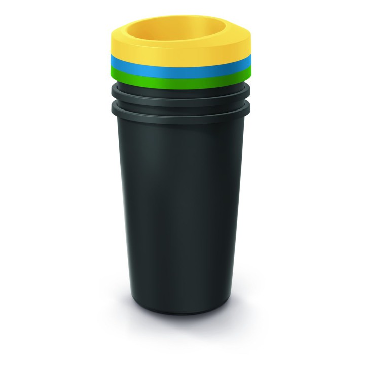 Mülltrenn-Set rund 3 × 45 L, schwarz – 394 × 394 × 852 mm