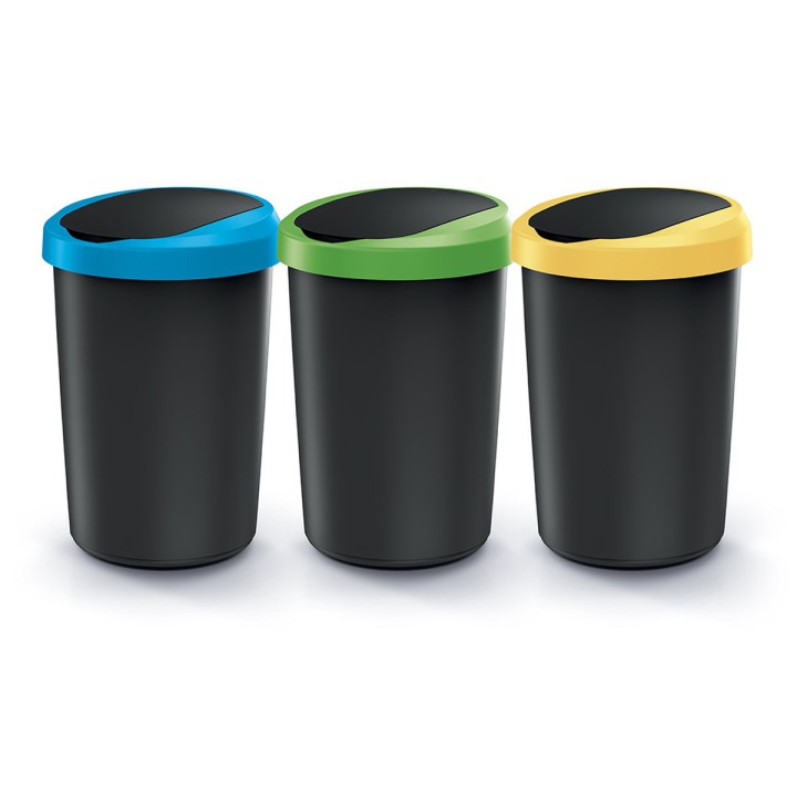 Mülltrenn-Set rund mit Schwingdeckeln 3 × 40 L, schwarz – 394 × 394 × 674 mm