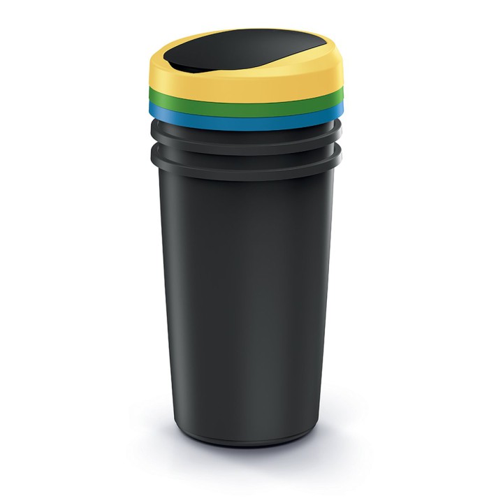 Mülltrenn-Set rund mit Schwingdeckeln 3 × 50 L, schwarz – 394 × 394 × 834 mm