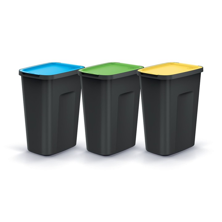 Mülltrenn-Set mit farbigen Deckeln 3 × 35 L, schwarz – 380 × 285 × 574 mm
