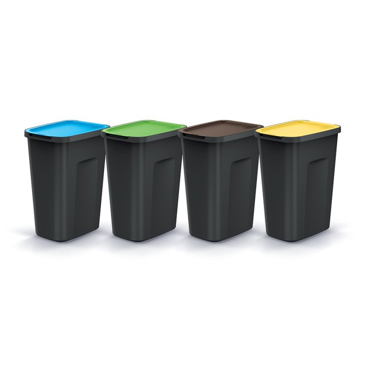 Mülltrenn-Set mit farbigen Deckeln 4 × 35 L, schwarz – 380 × 285 × 608 mm