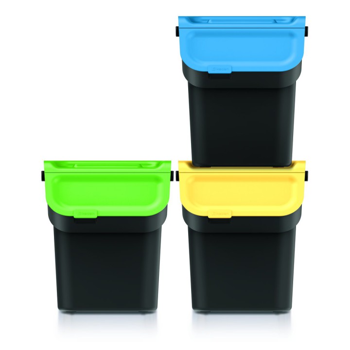 Stapelbare Mülltrennboxen mit Klappe 3 × 20 L, schwarz – 380 × 285 × 455 mm