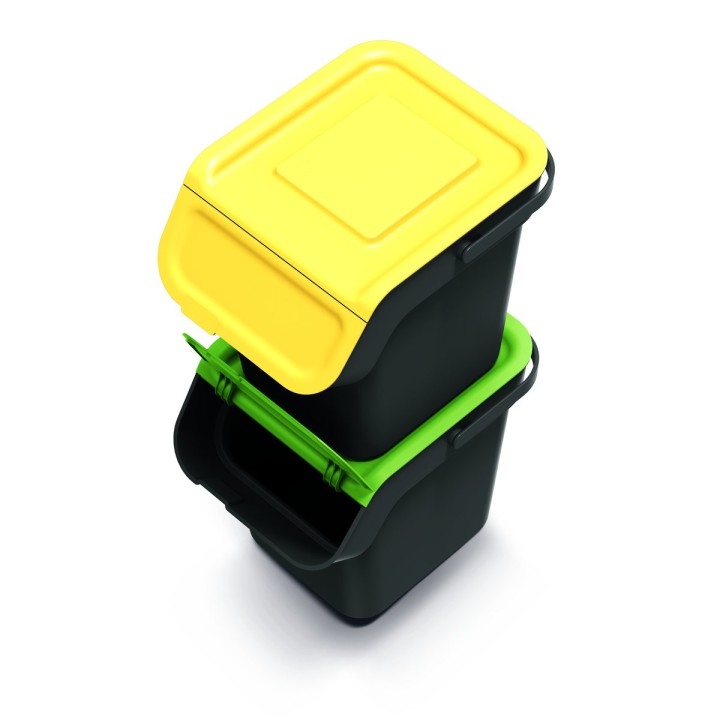 Stapelbare Mülltrennboxen mit Klappe 3 × 20 L, schwarz – 380 × 285 × 455 mm