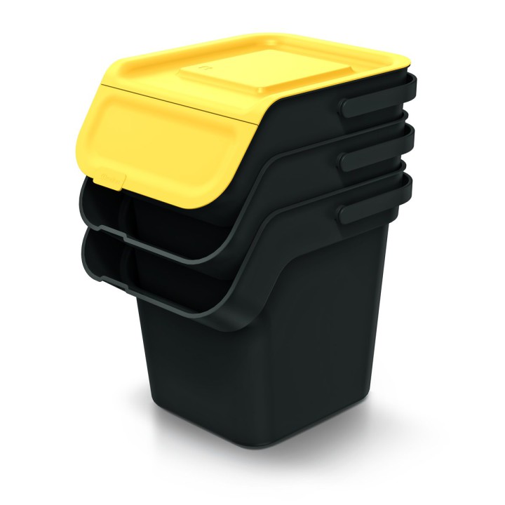 Stapelbare Mülltrennboxen mit Klappe 3 × 20 L, schwarz – 380 × 285 × 455 mm