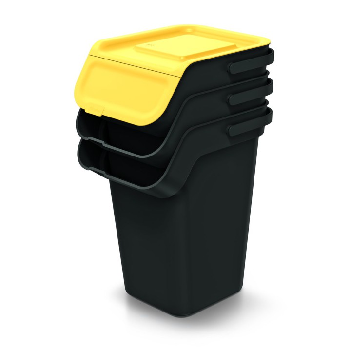 Stapelbare Mülltrennboxen mit Klappe 3 × 25 L, schwarz – 380 × 285 × 575 mm