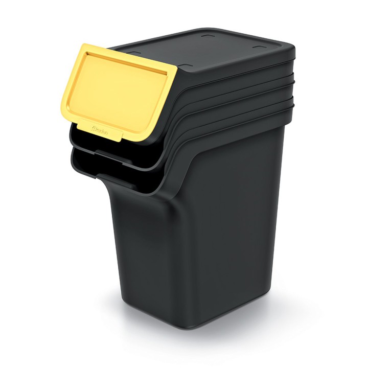 Stapelbare Mülltrennboxen mit Frontklappe 3 × 20 L, schwarz – 385 × 236 × 545 mm