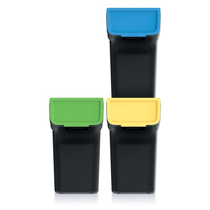 Stapelbare Mülltrennboxen mit Frontklappe 3 × 20 L, schwarz – 385 × 236 × 545 mm