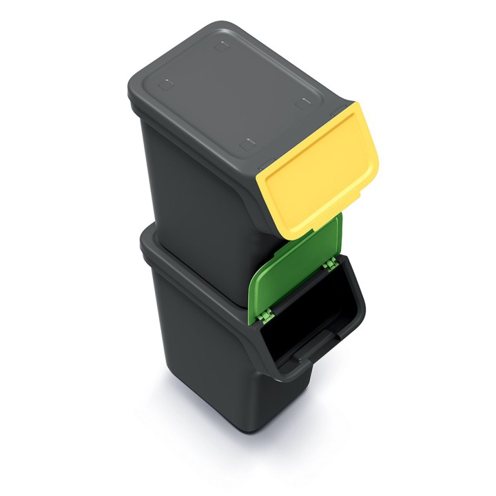Stapelbare Mülltrennboxen mit Frontklappe 3 × 20 L, schwarz – 385 × 236 × 545 mm