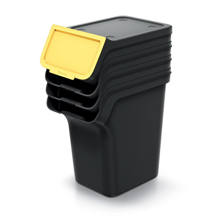 Stapelbare Mülltrennboxen mit Frontklappe 4 × 20 L, schwarz – 385 × 236 × 610 mm