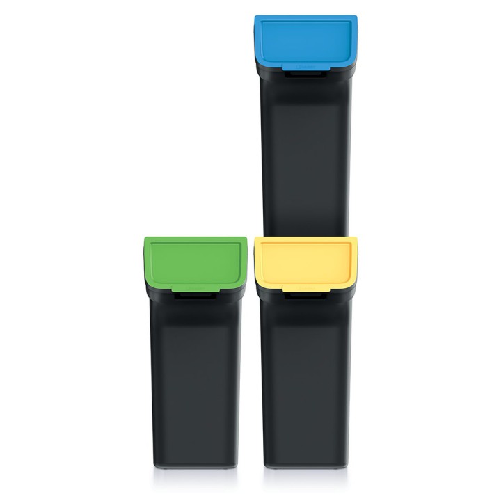 Stapelbare Mülltrennboxen mit Frontklappe 3 × 25 L, schwarz – 385 × 236 × 675 mm