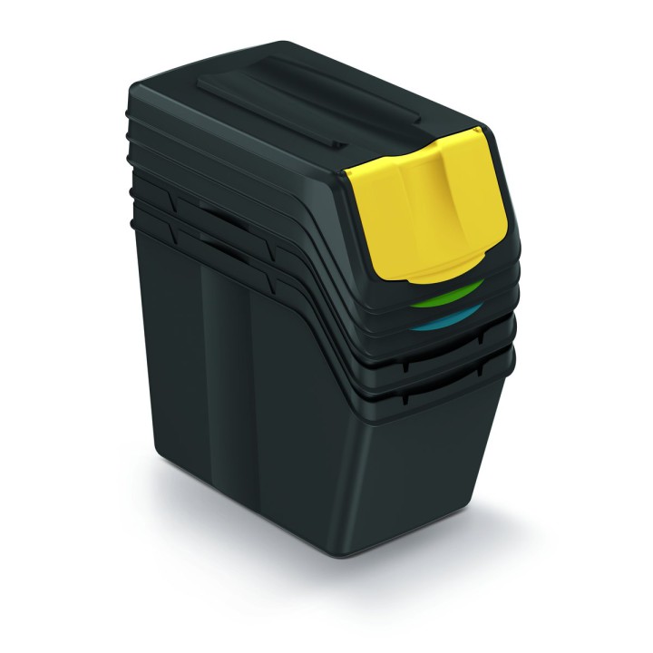 Stapelbare Mülltrennboxen aus Recycling-Kunststoff 3 × 20 L, schwarz – 395 × 232 × 450 mm