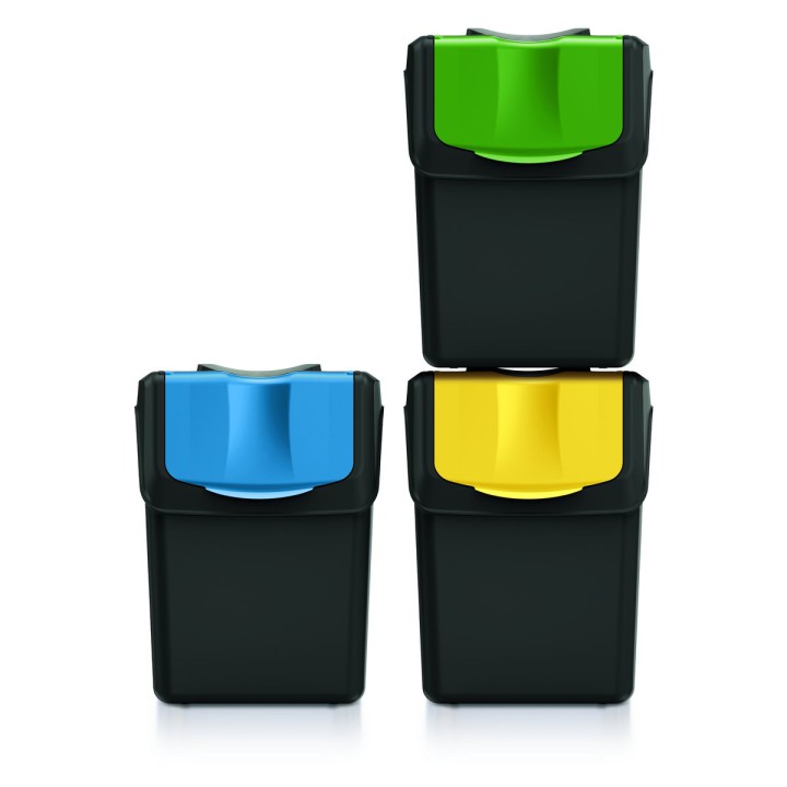 Stapelbare Mülltrennboxen aus Recycling-Kunststoff 3 × 20 L, schwarz – 395 × 232 × 450 mm