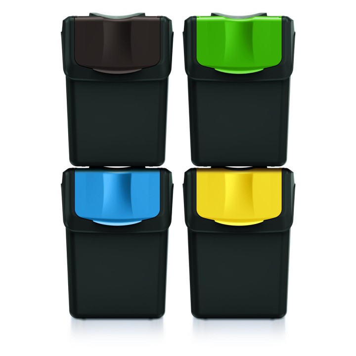 Stapelbare Mülltrennboxen aus Recycling-Kunststoff 4 × 20 L, schwarz – 395 × 232 × 515 mm